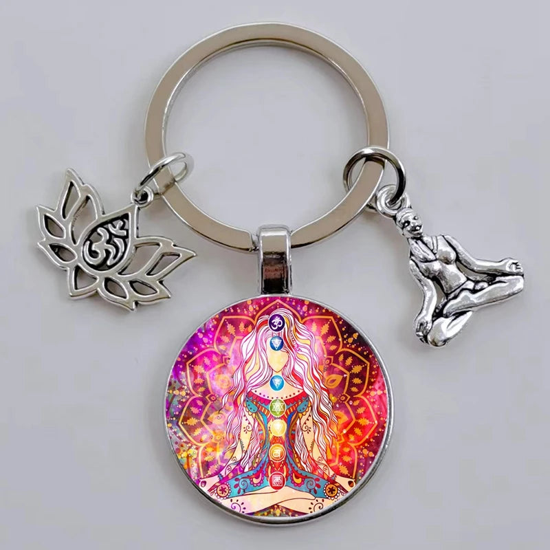 Chakra Mandala Glass Keychain – Indian Buddha Meditation Ornament for Yoga & Spiritual Gifts