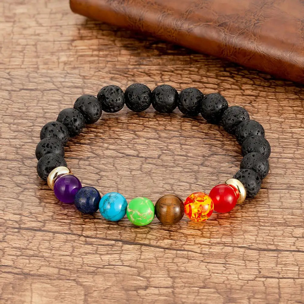Chakra Stone & Leather Bracelet – Natural Beads with Black Genuine Leather & Stainless Steel Clasp