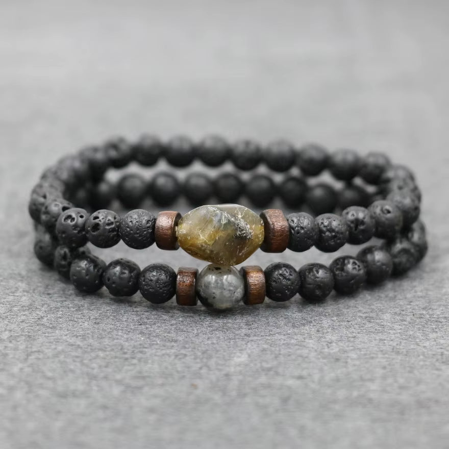 Lava Stone & Labradorite Chakra Bracelet Set – Moonstone, Wood Beads, Yoga Energy Jewelry for Men