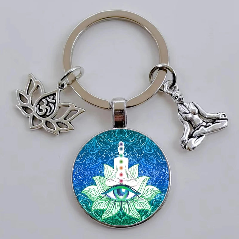 Chakra Mandala Glass Keychain – Indian Buddha Meditation Ornament for Yoga & Spiritual Gifts