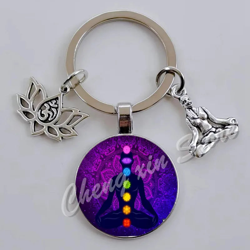 Chakra Mandala Glass Keychain – Indian Buddha Meditation Ornament for Yoga & Spiritual Gifts