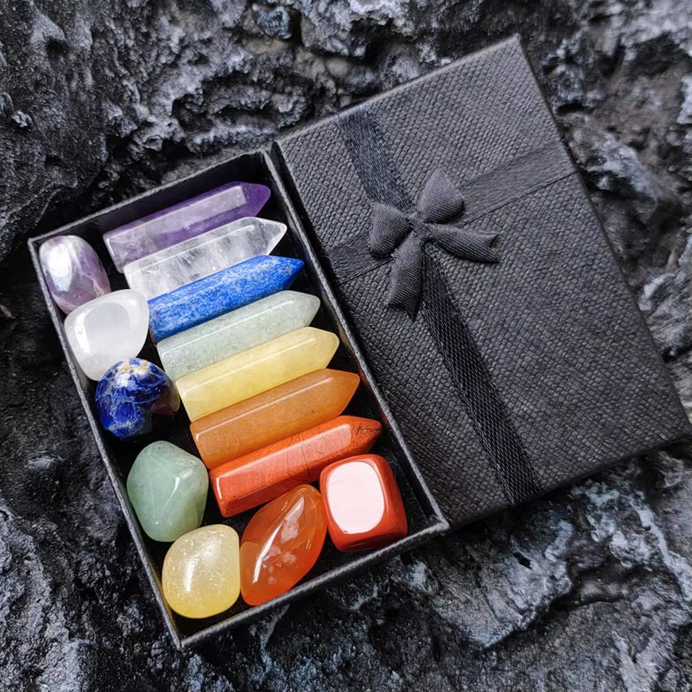 Chakra Healing Crystal Set – 7-Piece Hexagonal Point Gemstones in Gift Box