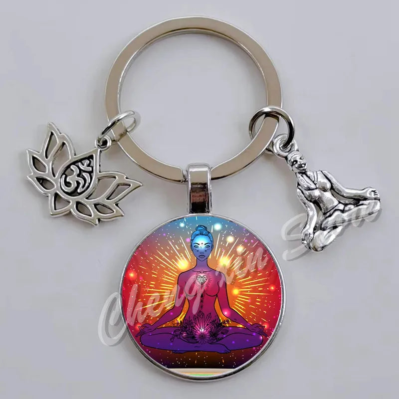 Chakra Mandala Glass Keychain – Indian Buddha Meditation Ornament for Yoga & Spiritual Gifts