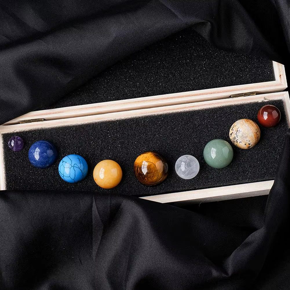 Crystal Solar System – 9 Planet Gemstone Sphere Set with Wooden Display Box