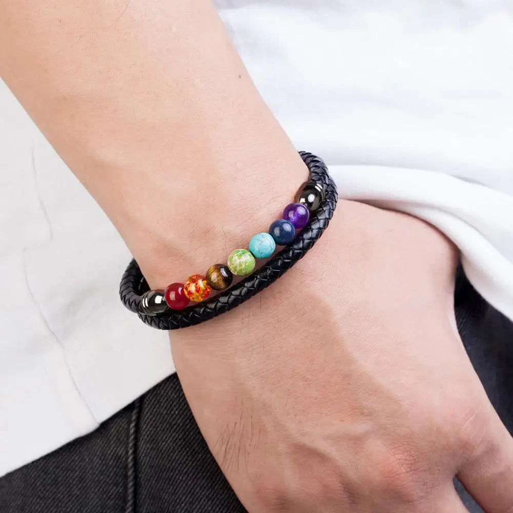 Chakra Stone & Leather Bracelet – Natural Beads with Black Genuine Leather & Stainless Steel Clasp