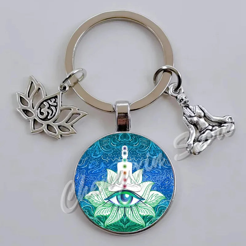 Chakra Mandala Glass Keychain – Indian Buddha Meditation Ornament for Yoga & Spiritual Gifts
