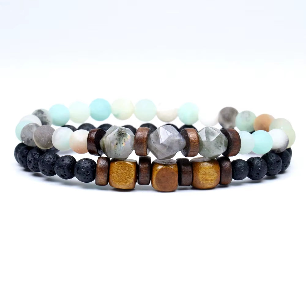 Lava Stone & Labradorite Chakra Bracelet Set – Moonstone, Wood Beads, Yoga Energy Jewelry for Men
