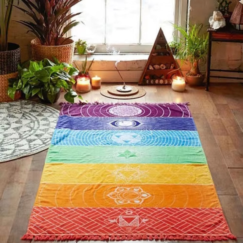 Rainbow Chakra Tapestry with Tassels – Mandala Boho Travel Mat, Beach Shawl & Meditation Wrap 1 pc
