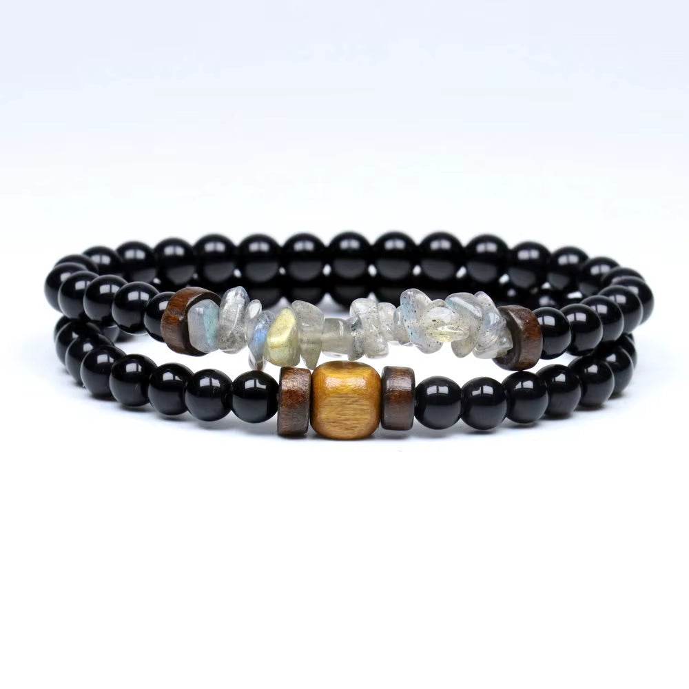 Lava Stone & Labradorite Chakra Bracelet Set – Moonstone, Wood Beads, Yoga Energy Jewelry for Men