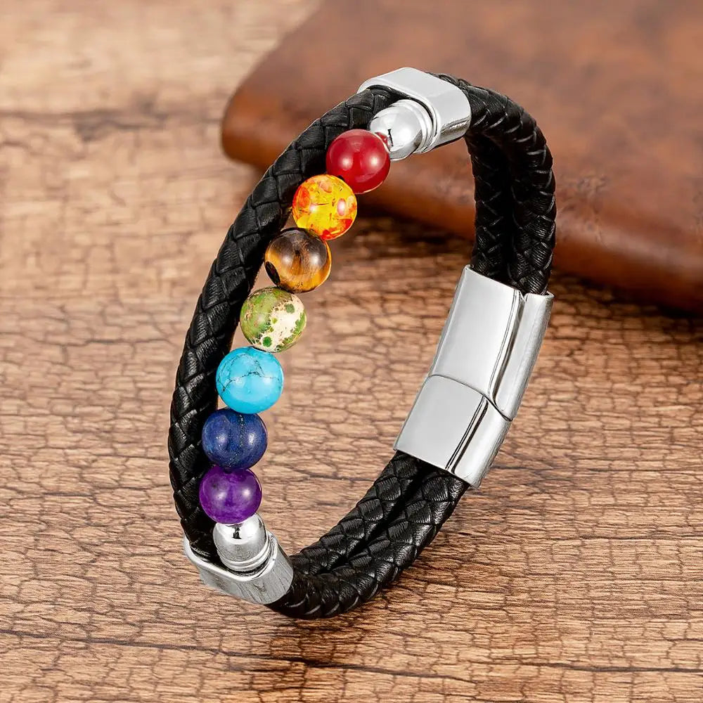 Chakra Stone & Leather Bracelet – Natural Beads with Black Genuine Leather & Stainless Steel Clasp