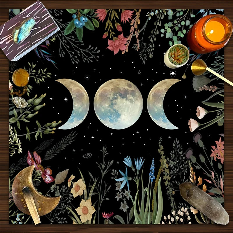 Celestial Flower Triple Moon Tarot Cloth – Altar Decor for Witchy Rituals & Card Readings