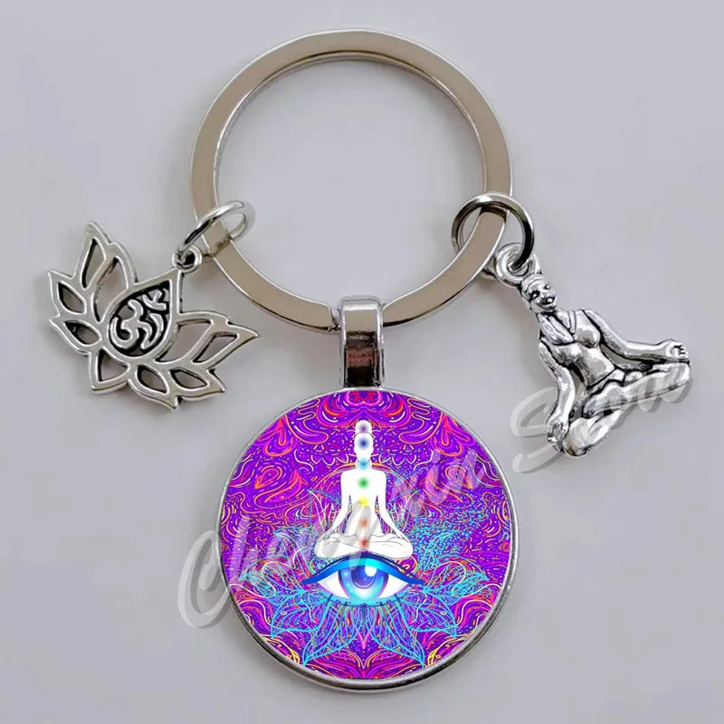 Chakra Mandala Glass Keychain – Indian Buddha Meditation Ornament for Yoga & Spiritual Gifts