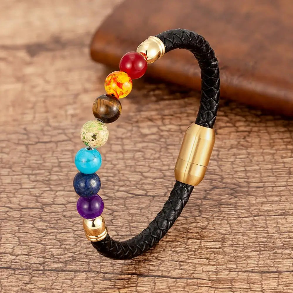 Chakra Stone & Leather Bracelet – Natural Beads with Black Genuine Leather & Stainless Steel Clasp