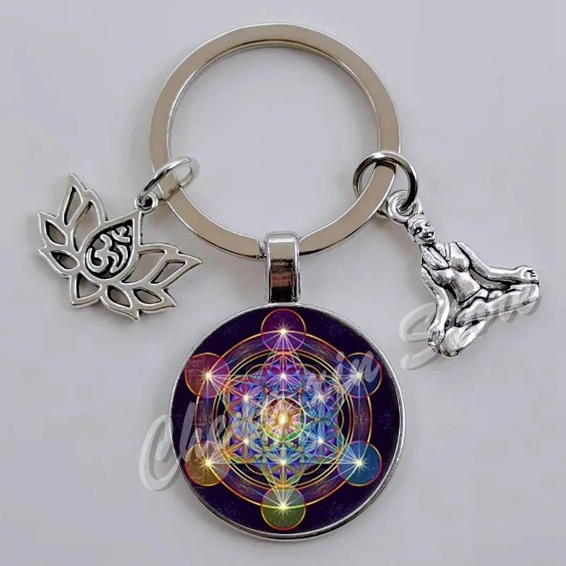 Chakra Mandala Glass Keychain – Indian Buddha Meditation Ornament for Yoga & Spiritual Gifts