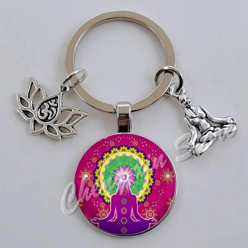 Chakra Mandala Glass Keychain – Indian Buddha Meditation Ornament for Yoga & Spiritual Gifts