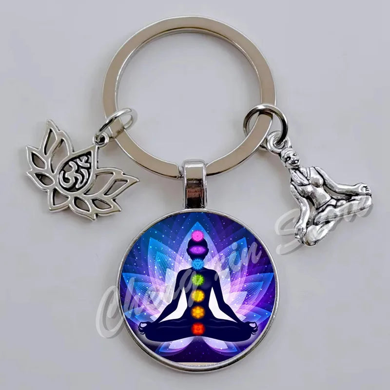Chakra Mandala Glass Keychain – Indian Buddha Meditation Ornament for Yoga & Spiritual Gifts