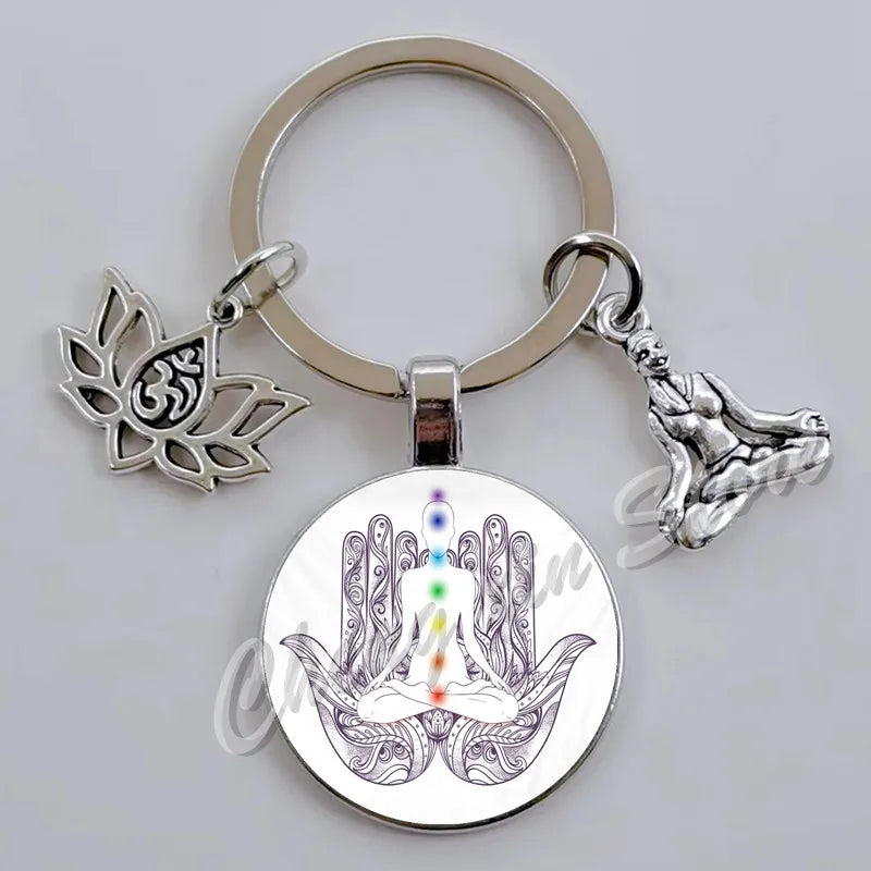 Chakra Mandala Glass Keychain – Indian Buddha Meditation Ornament for Yoga & Spiritual Gifts
