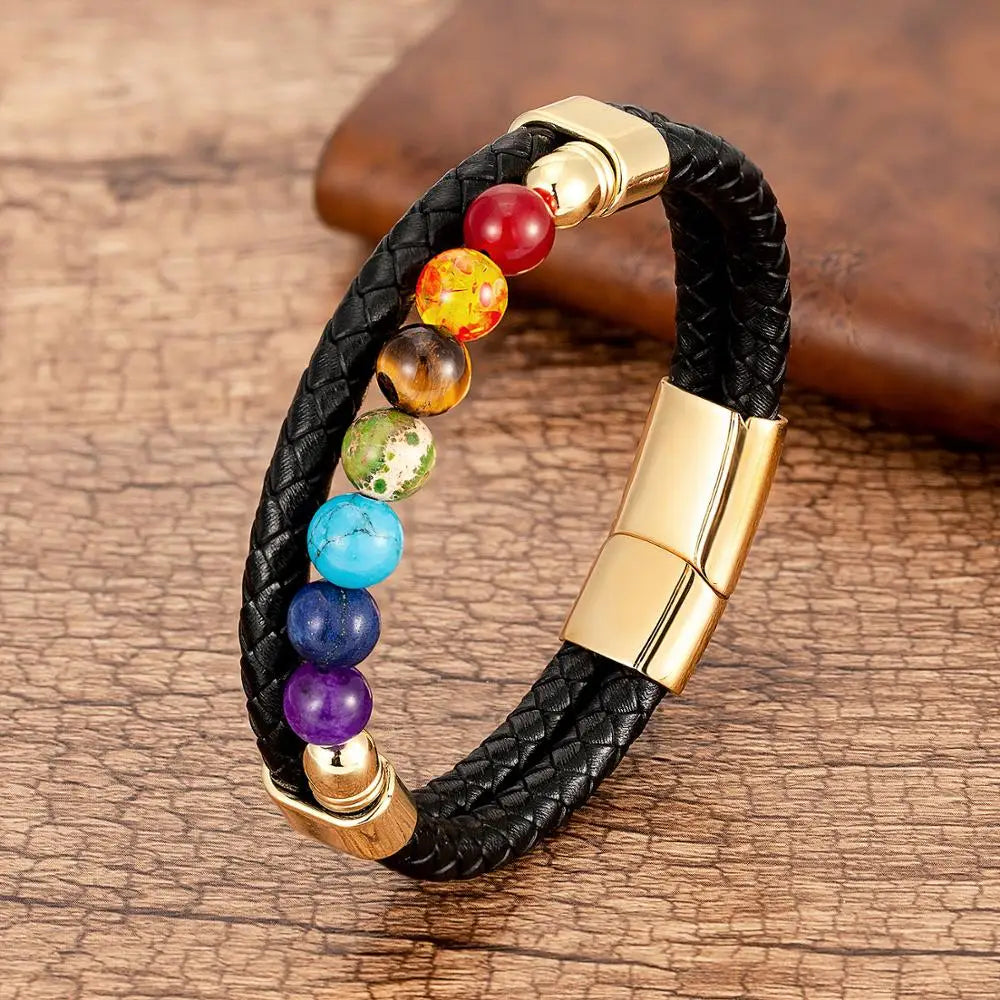 Chakra Stone & Leather Bracelet – Natural Beads with Black Genuine Leather & Stainless Steel Clasp