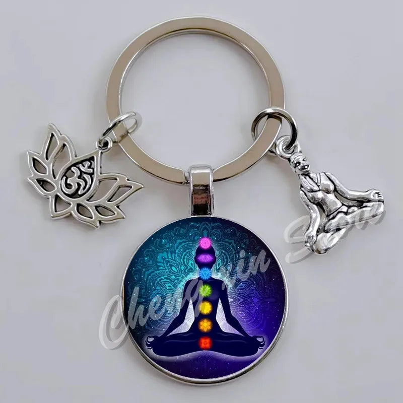 Chakra Mandala Glass Keychain – Indian Buddha Meditation Ornament for Yoga & Spiritual Gifts