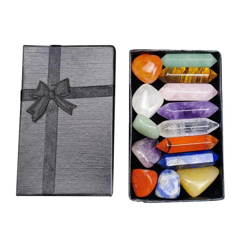 Chakra Healing Crystal Set – 7-Piece Hexagonal Point Gemstones in Gift Box