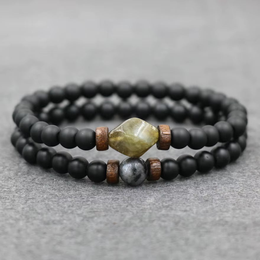 Lava Stone & Labradorite Chakra Bracelet Set – Moonstone, Wood Beads, Yoga Energy Jewelry for Men