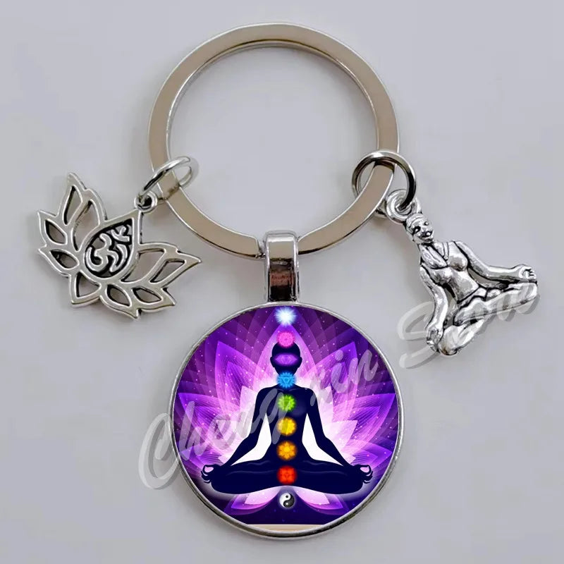 Chakra Mandala Glass Keychain – Indian Buddha Meditation Ornament for Yoga & Spiritual Gifts