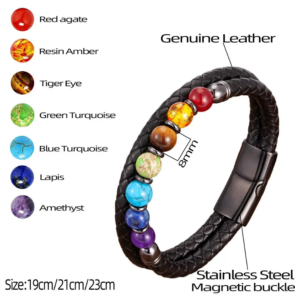 Chakra Stone & Leather Bracelet – Natural Beads with Black Genuine Leather & Stainless Steel Clasp
