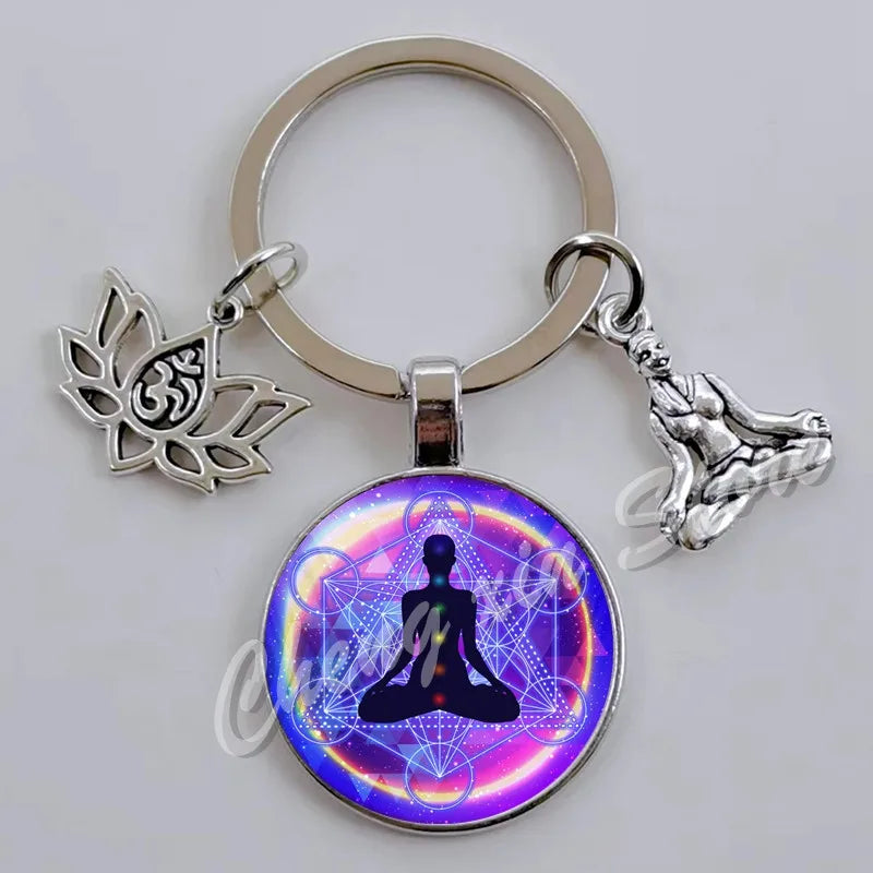 Chakra Mandala Glass Keychain – Indian Buddha Meditation Ornament for Yoga & Spiritual Gifts