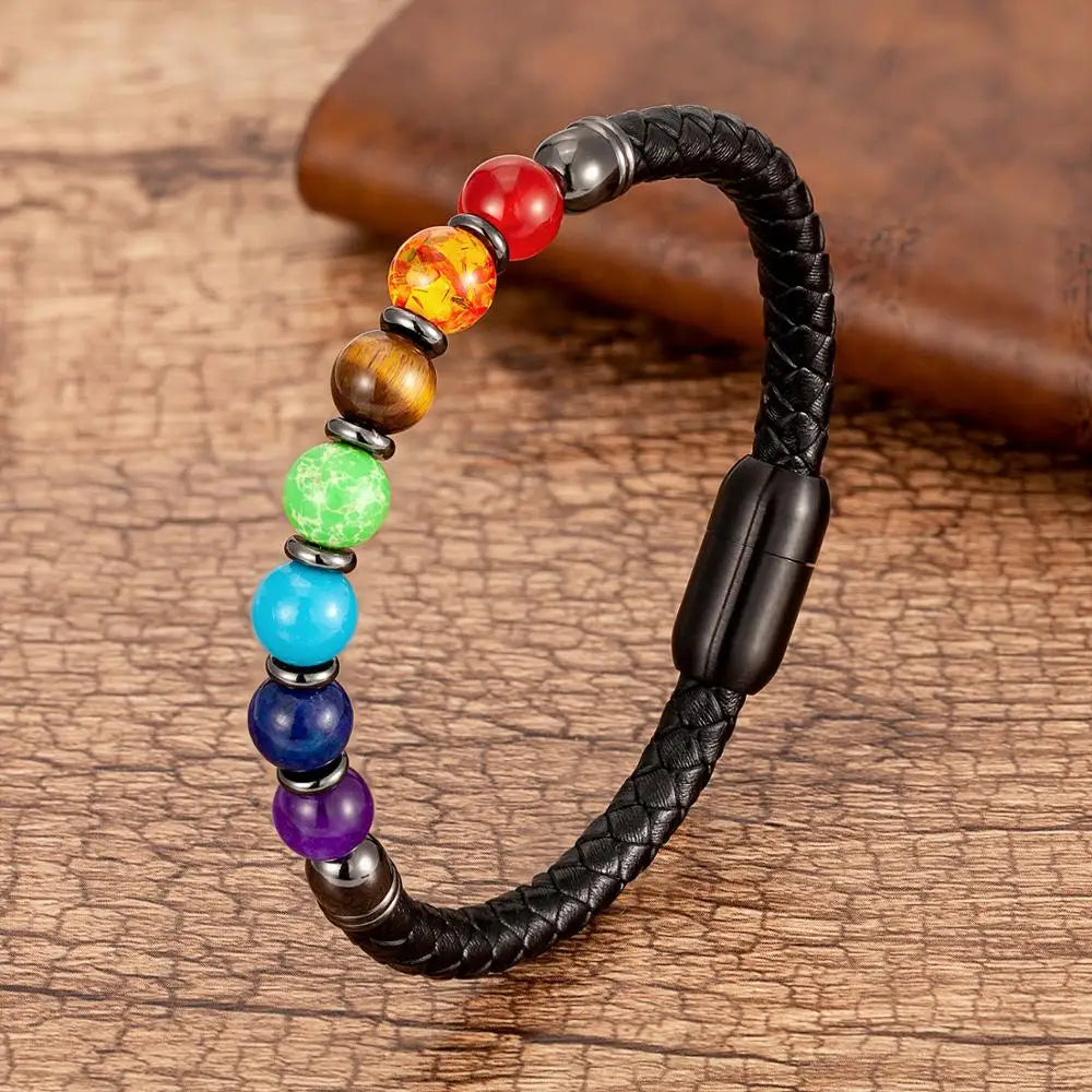 Chakra Stone & Leather Bracelet – Natural Beads with Black Genuine Leather & Stainless Steel Clasp