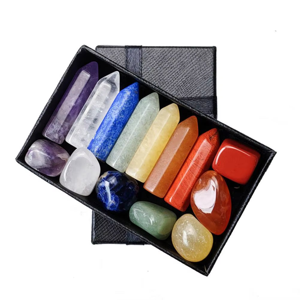 Chakra Healing Crystal Set – 7-Piece Hexagonal Point Gemstones in Gift Box