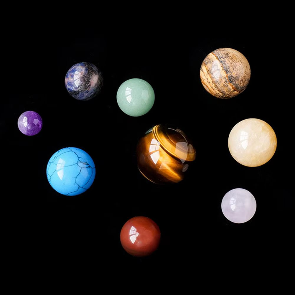 Crystal Solar System – 9 Planet Gemstone Sphere Set with Wooden Display Box