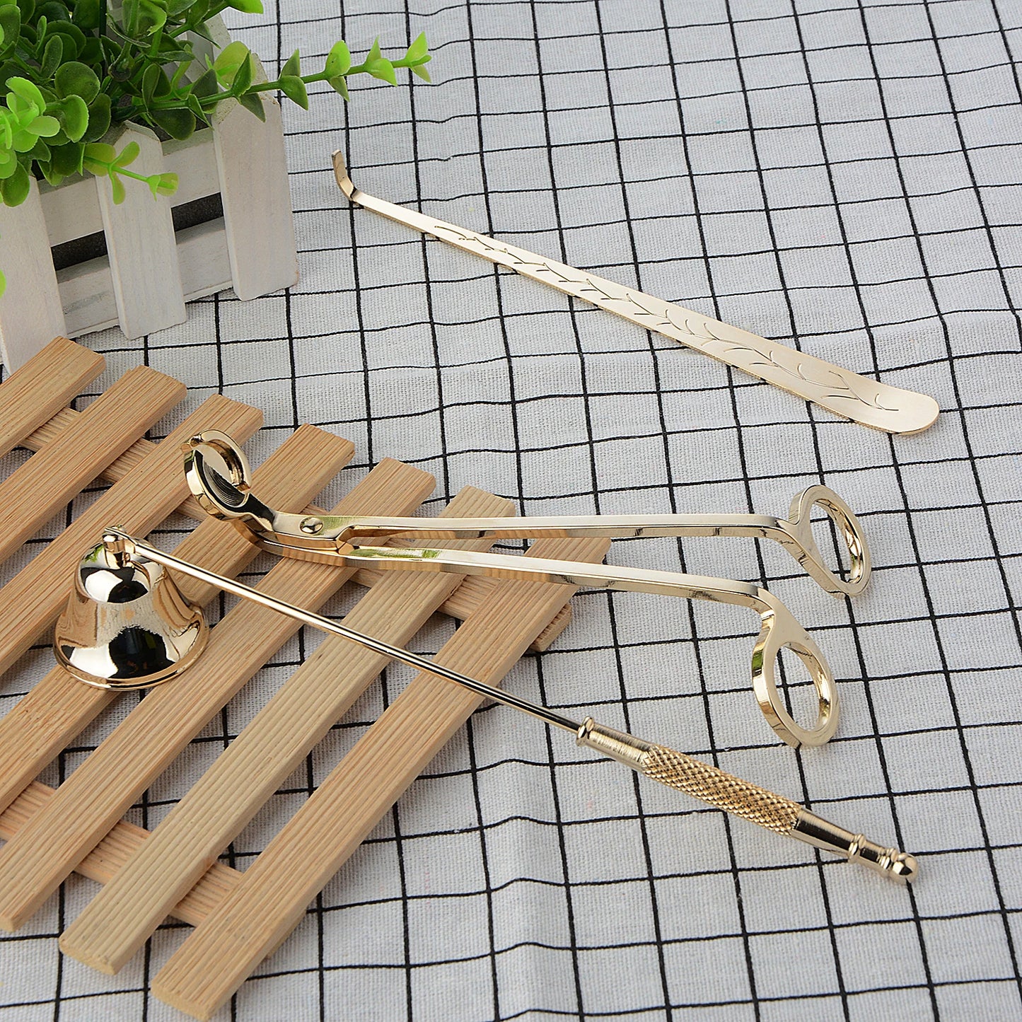 Ritual Candle Tool Set - Gold/Black Wick Trimmer, Snuffer & Hook for Sacred Space Care