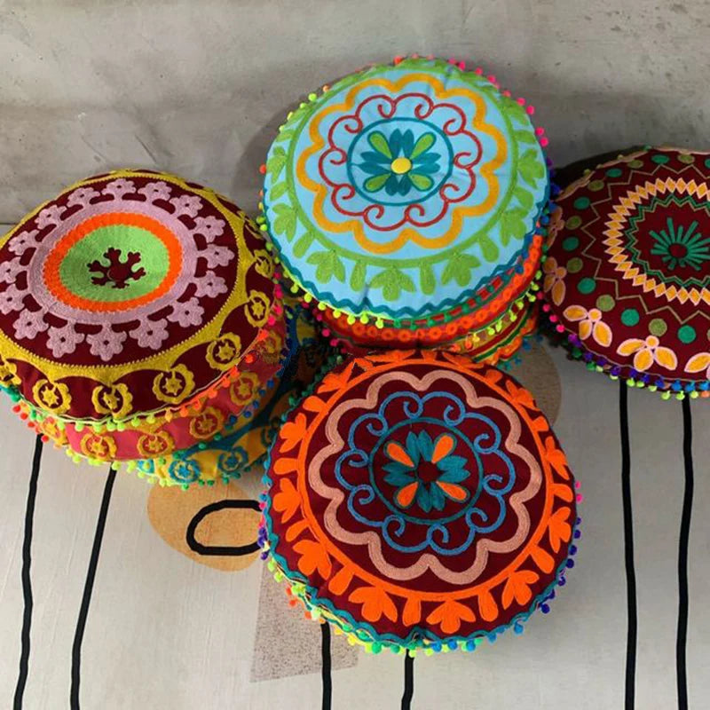 Bohemian Embroidered Floor Cushion Thick Yoga Pouf, Meditation Mat or Window Seat Pad