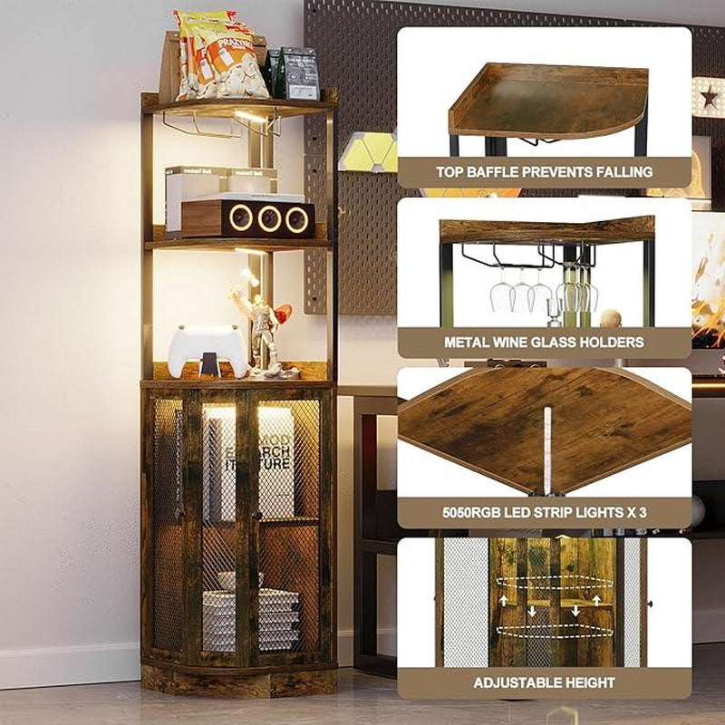 Corner Bar Cabinet with LED Lighting & Power Outlet – 65" Tall 5-Tier Wine & Liquor Display for Kitchen, Living Room, or Home Bar (Gray)