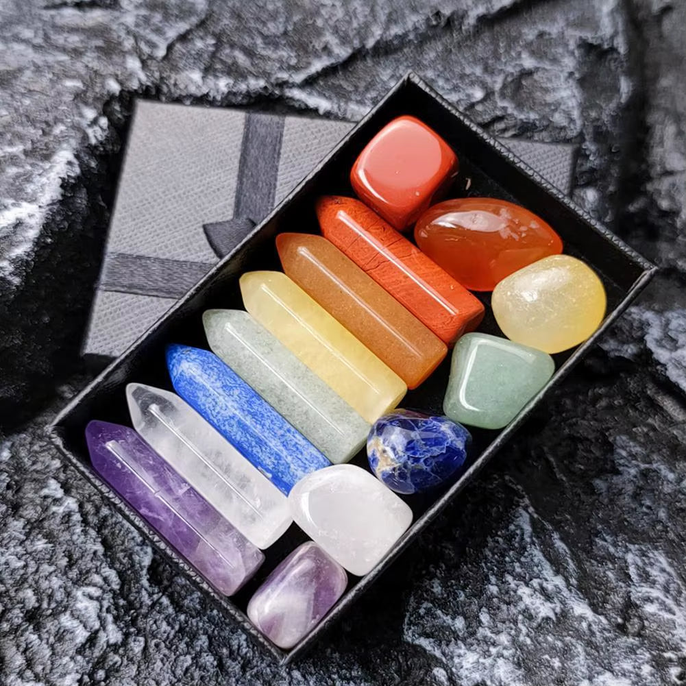 Chakra Healing Crystal Set – 7-Piece Hexagonal Point Gemstones in Gift Box