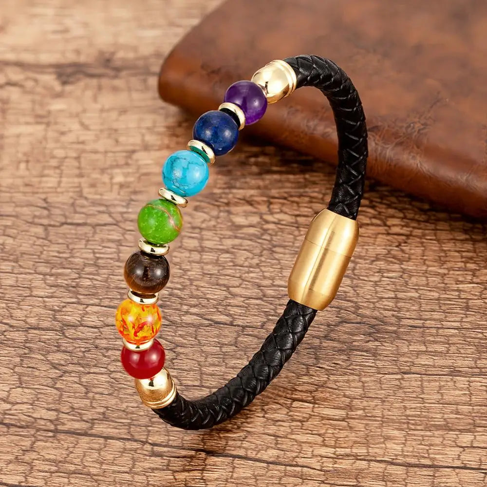 Chakra Stone & Leather Bracelet – Natural Beads with Black Genuine Leather & Stainless Steel Clasp