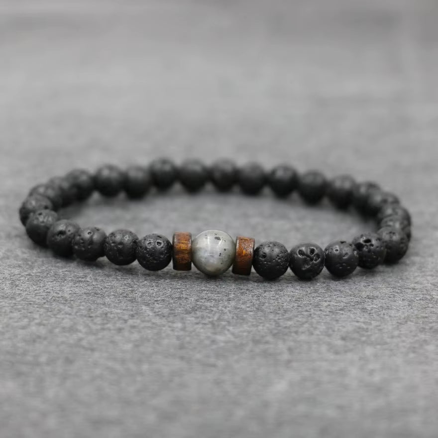 Lava Stone & Labradorite Chakra Bracelet Set – Moonstone, Wood Beads, Yoga Energy Jewelry for Men