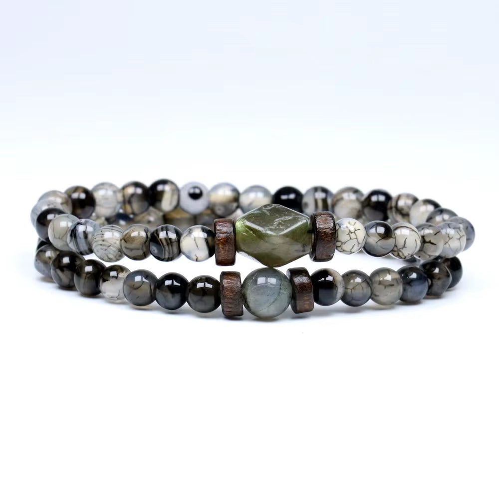 Lava Stone & Labradorite Chakra Bracelet Set – Moonstone, Wood Beads, Yoga Energy Jewelry for Men