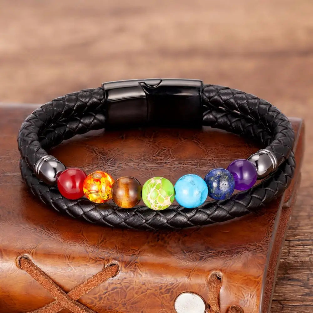 Chakra Stone & Leather Bracelet – Natural Beads with Black Genuine Leather & Stainless Steel Clasp