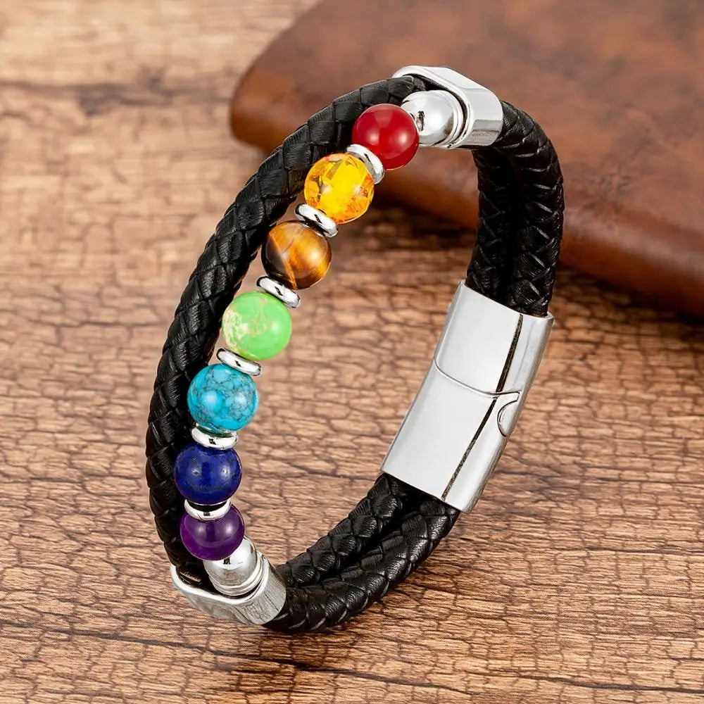 Chakra Stone & Leather Bracelet – Natural Beads with Black Genuine Leather & Stainless Steel Clasp