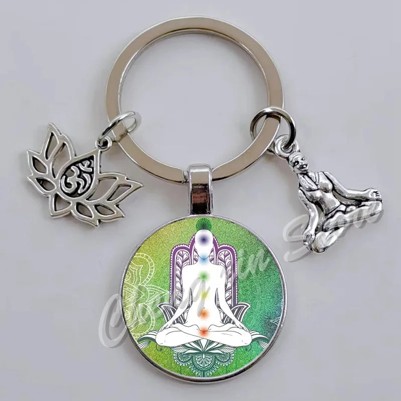 Chakra Mandala Glass Keychain – Indian Buddha Meditation Ornament for Yoga & Spiritual Gifts