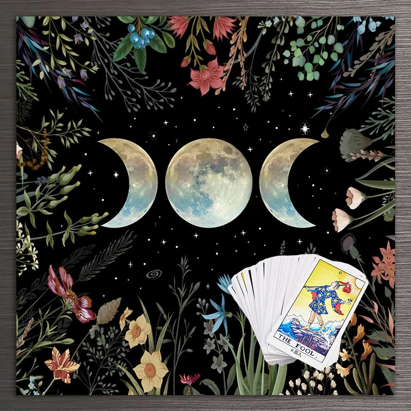 Celestial Flower Triple Moon Tarot Cloth – Altar Decor for Witchy Rituals & Card Readings