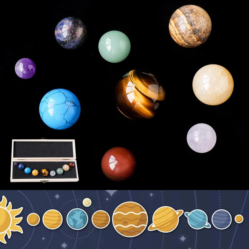 Crystal Solar System – 9 Planet Gemstone Sphere Set with Wooden Display Box