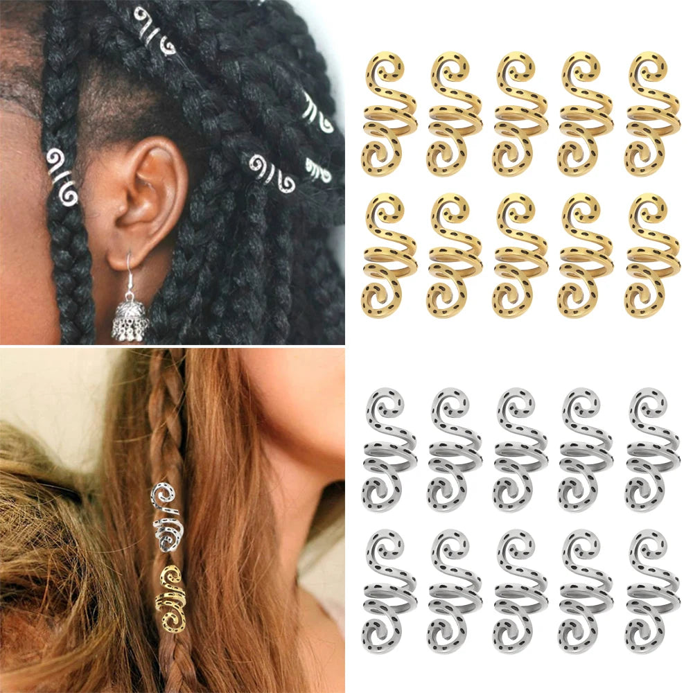 10pcs Viking Spiral Hair Charms – Metal Braid & Dreadlock Beads for Women’s Hair Styling & Beard Adornment