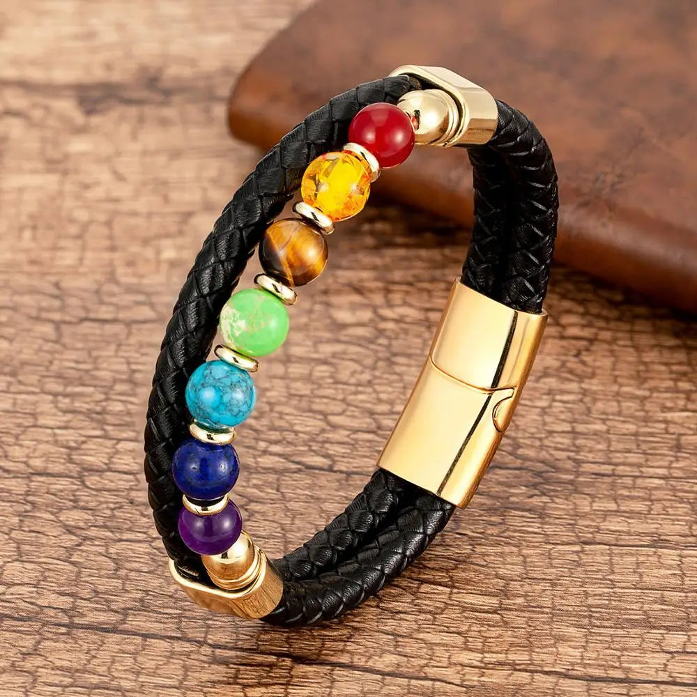 Chakra Stone & Leather Bracelet – Natural Beads with Black Genuine Leather & Stainless Steel Clasp