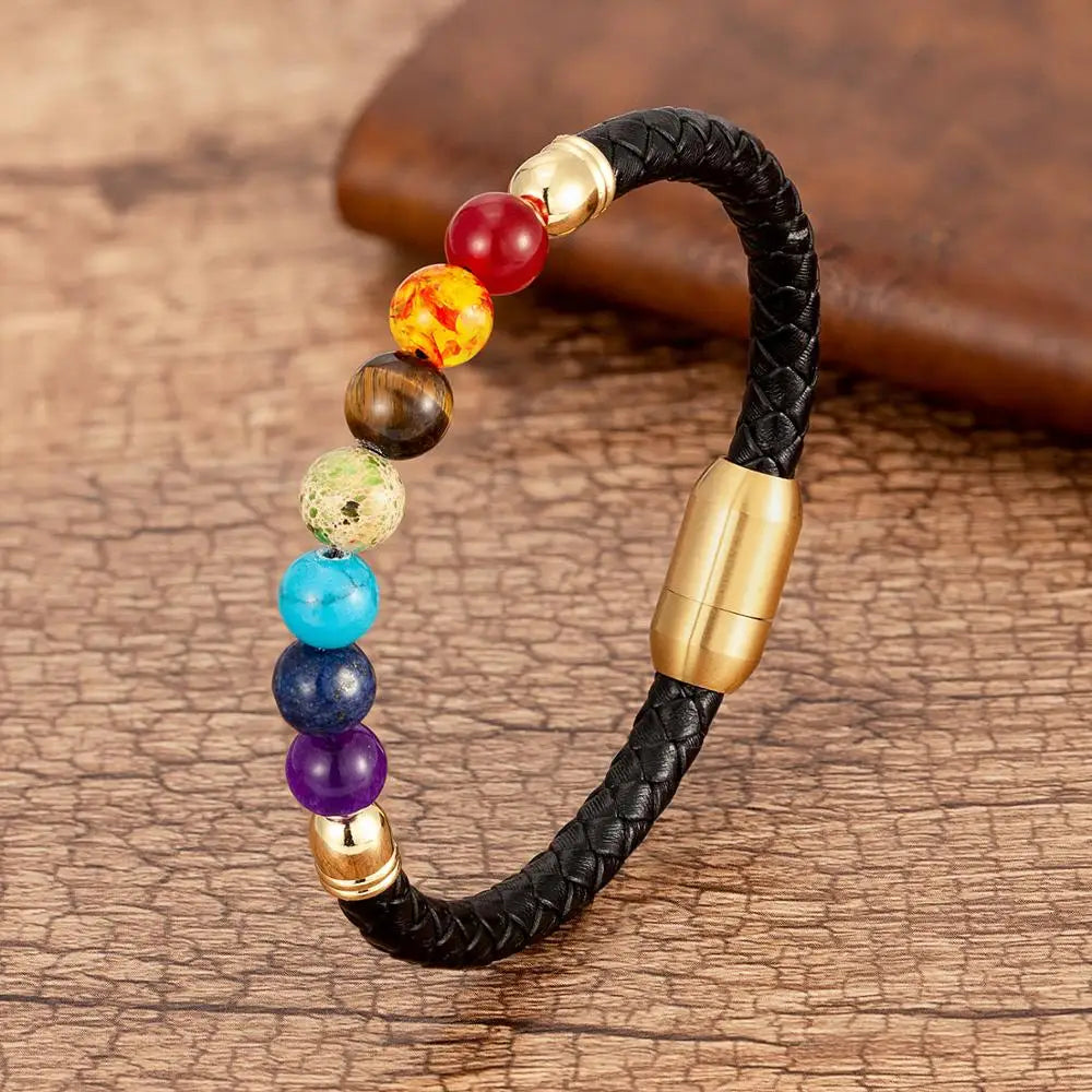 Chakra Stone & Leather Bracelet – Natural Beads with Black Genuine Leather & Stainless Steel Clasp