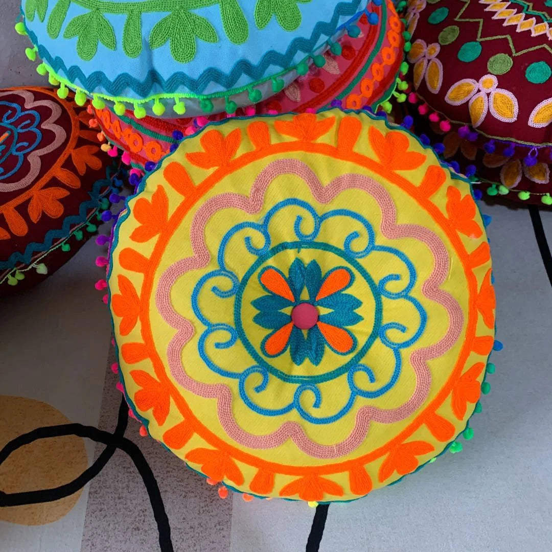 Bohemian Embroidered Floor Cushion Thick Yoga Pouf, Meditation Mat or Window Seat Pad