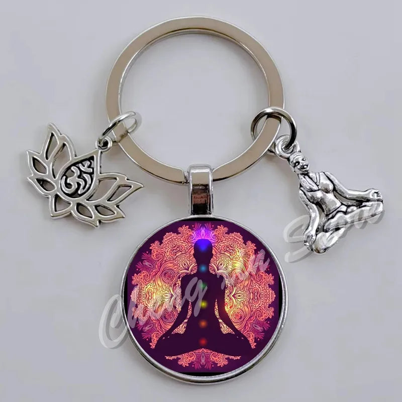 Chakra Mandala Glass Keychain – Indian Buddha Meditation Ornament for Yoga & Spiritual Gifts