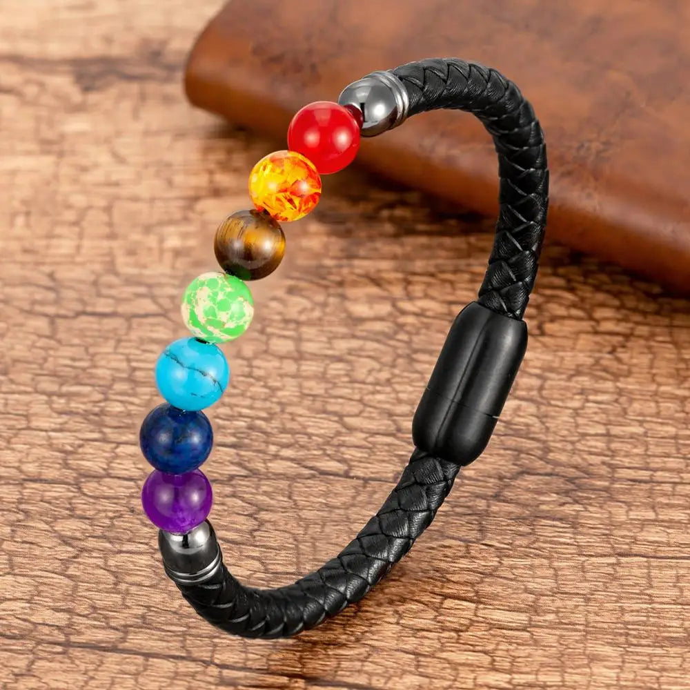 Chakra Stone & Leather Bracelet – Natural Beads with Black Genuine Leather & Stainless Steel Clasp