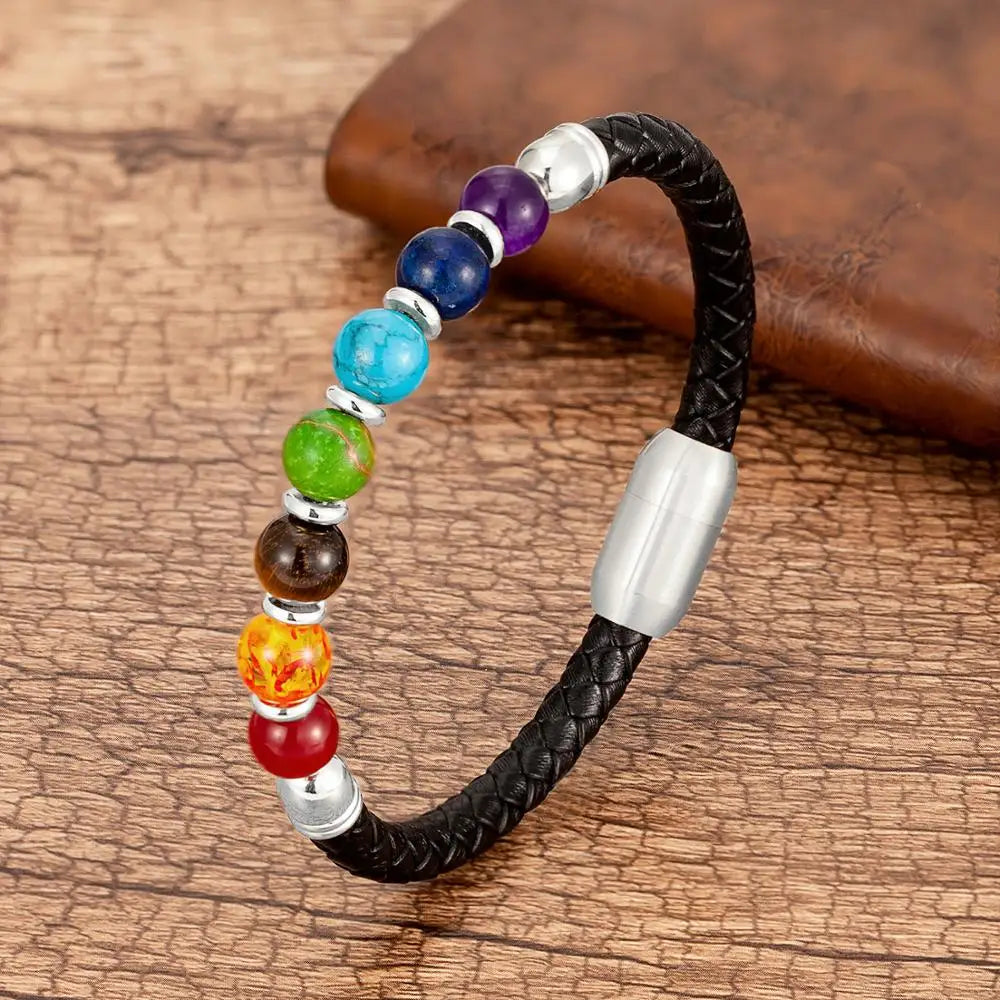 Chakra Stone & Leather Bracelet – Natural Beads with Black Genuine Leather & Stainless Steel Clasp
